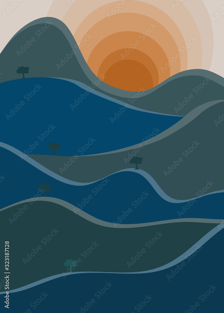 Poster of landscape mountain, tree and the sun with blue tone color.