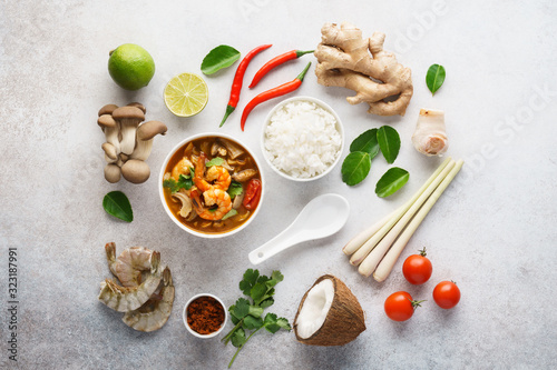 Tom Yum Goong or Tom Yam Kung and set of ingredients.