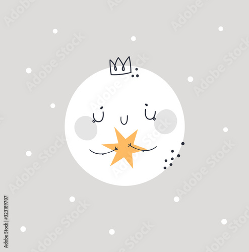 Childish print with cute moon princess. Trendy bedtime, good night kids vector print. Ideal for creating posters, cards, prints, digital paper, kids clothing, nursery prints and kids room decor