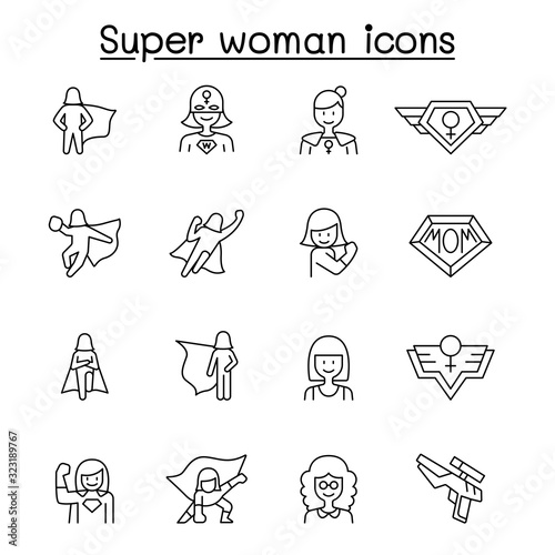 Super woman icon set in thin line stlye
