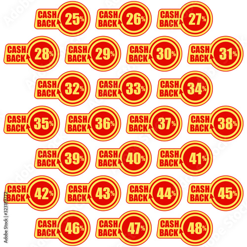 Cashback twenty five - forty eight percent, icon set. Concept for sticker, tag, label, infographic element. Vector illustration.