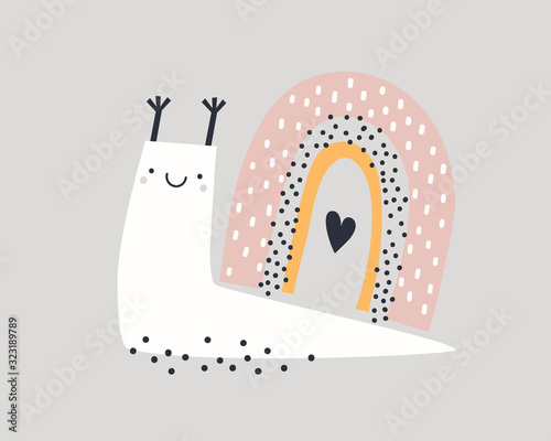 Cute childish print with cute animal snail with rainbow shell. Trendy kids vector print. Ideal for creating posters, cards, prints, digital paper, kids clothing, nursery prints and kids room decor
