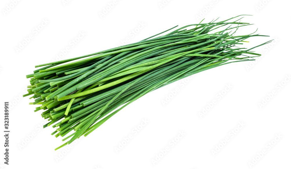 pile of fresh green leaves of chives cutout - obrazy, fototapety, plakaty 