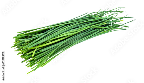pile of fresh green leaves of chives cutout