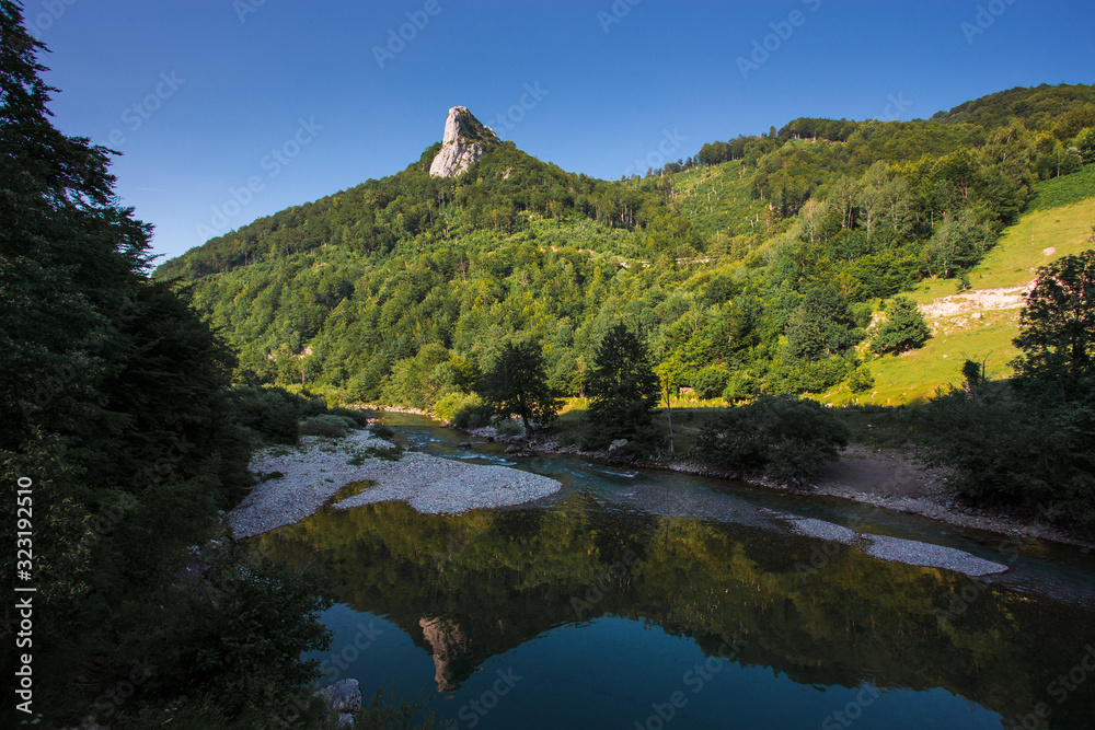 Beautiful nature of Montenegro. Mountains and calm mountain river.