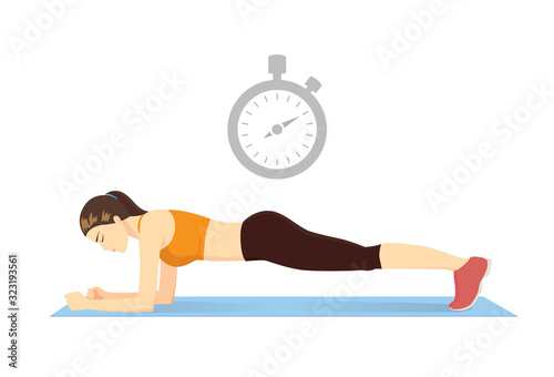 Woman doing plank exercise on blue mat with stopclock symbol over her head. Illustration about best time and countdown to workout.
