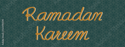 Hand drawing. Brown wording Ramadan Kareem on green Islam pattern design. Can be use decorate for card, banner, brochure, web. photo