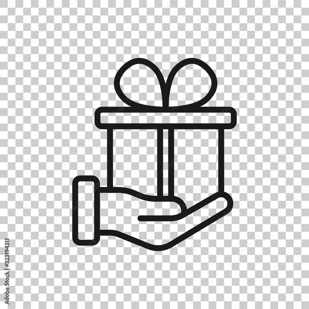 Gift box icon in flat style. Present on hand vector illustration on white isolated background. Surprise business concept. Gift box icon in flat style. Present on hand vector illustration on white isolated background. Surprise business concept.