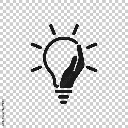 Lightbulb in hand icon in flat style. Bulb vector illustration on white isolated background. Lamp business concept.