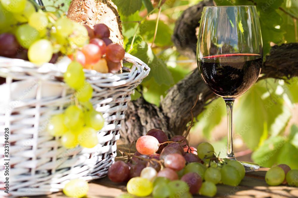 still life with glass of red wine grapes and picnic basket on table still life with glass of red wine grapes and picnic basket on table