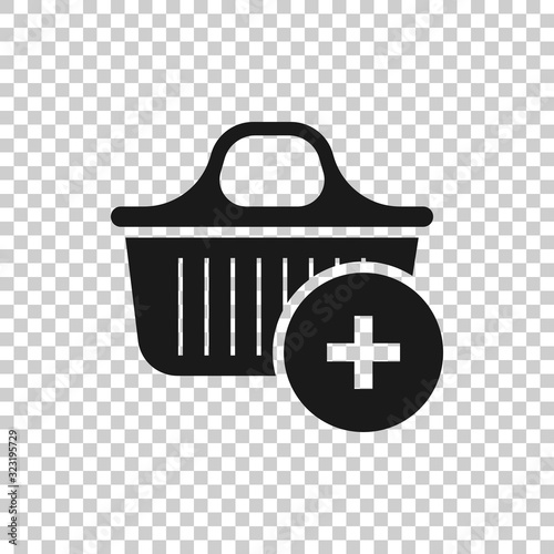 Add to cart icon in flat style. Shopping vector illustration on white isolated background. Basket with plus sign business concept.