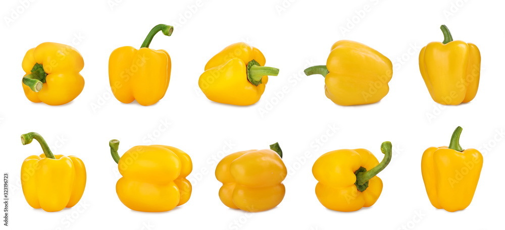 Set of ripe yellow bell peppers on white background Set of ripe yellow bell peppers on white background
