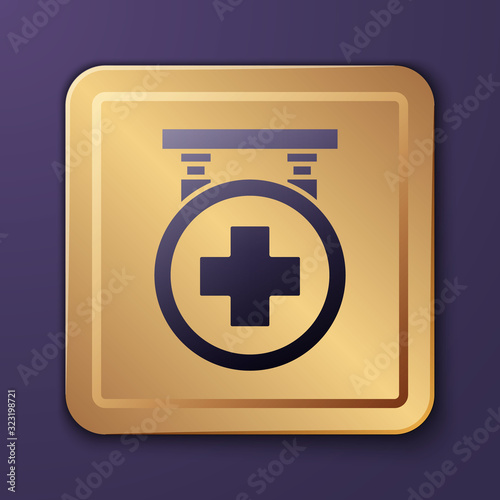 Purple Hospital signboard icon isolated on purple background. Gold square button. Vector Illustration