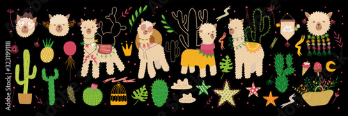 Composition with alpaca and cacti. flowers and plants. Vector graphics