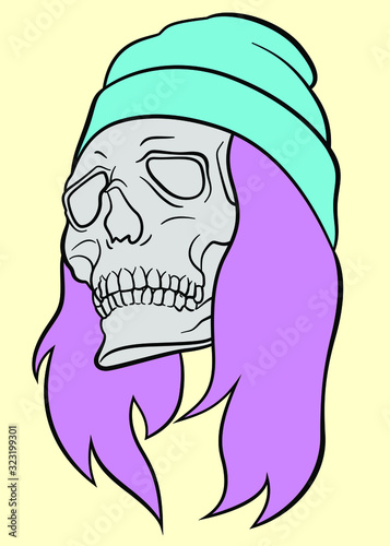 Vector illustration skelleton skull head with hat and hair. For rock, punk or metal music cover image. Hipster and skater modern style. Halloween print for decoration and t-shirt printing.