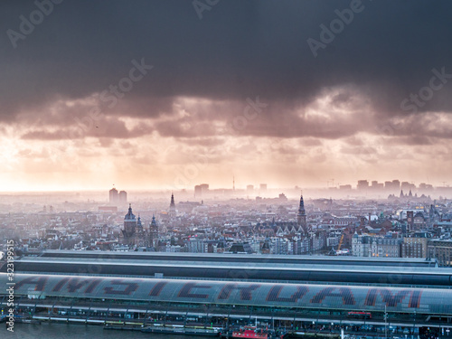 Amsterdam Topview to City center with cloudy sky