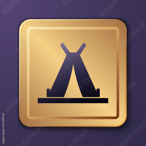 Purple Traditional indian teepee or wigwam icon isolated on purple background. Indian tent. Gold square button. Vector Illustration
