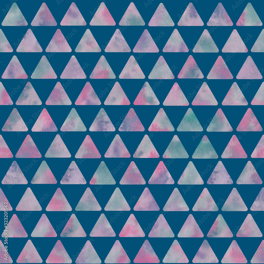 Watercolor blue and pink triangle background. Seamless pattern. Watercolor stock illustration.Design for backgrounds, wallpapers, textile, covers and packaging. Watercolor blue and pink triangle background. Seamless pattern. Watercolor stock illustration.Design for backgrounds, wallpapers, textile, covers and packaging.