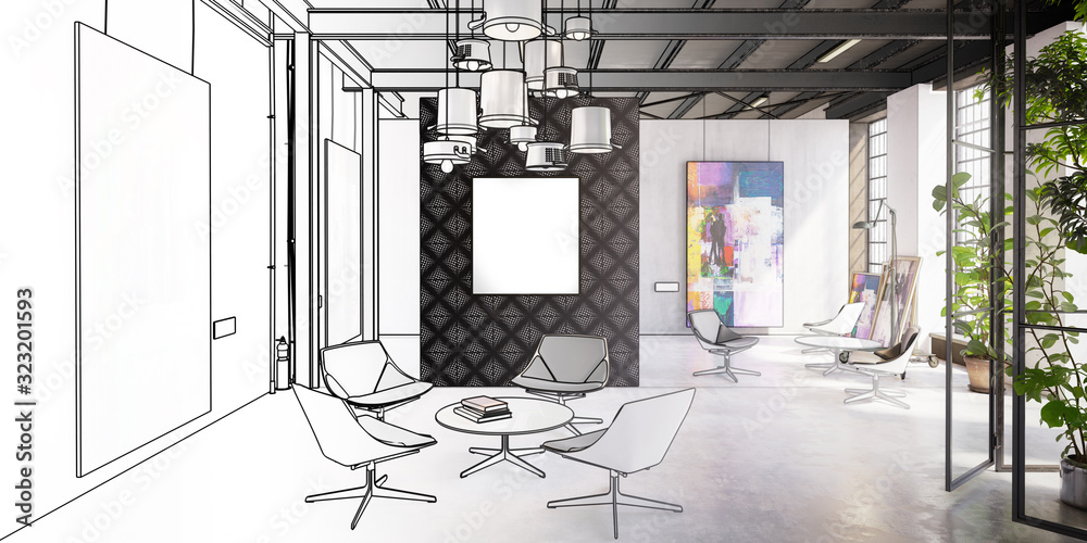 Fototapeta premium Project of a contemporary art & exibition gallery (drawing) - panoramic 3d visualization