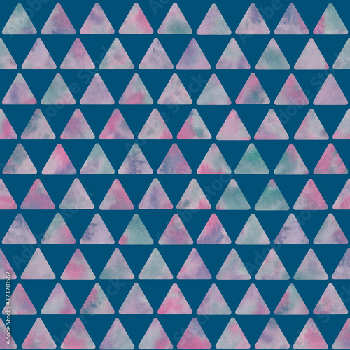 Watercolor blue and pink triangle background. Seamless pattern. Watercolor stock illustration.Design for backgrounds, wallpapers, textile, covers and packaging.