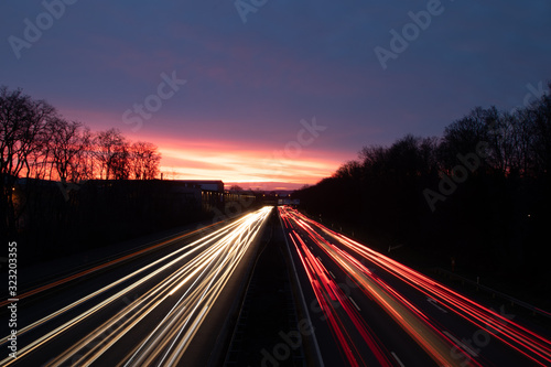 highway at dawn, Autobahn A 555 near Bonn, Germany, three lines