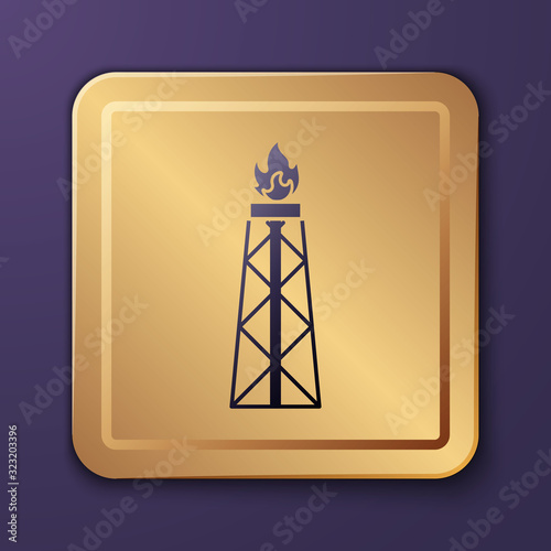 Purple Oil rig with fire icon isolated on purple background. Gas tower. Industrial object. Gold square button. Vector Illustration