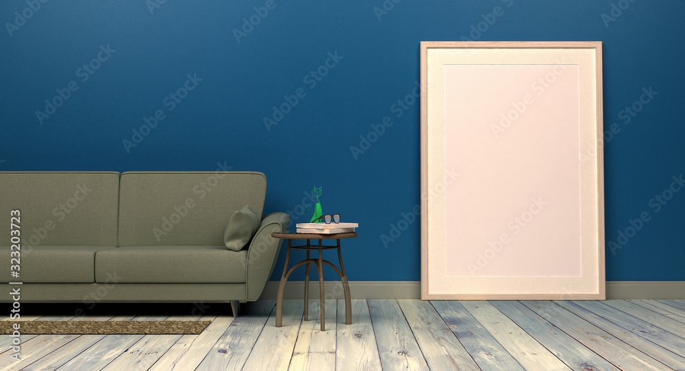 szablon duża pusta rama plakatu w nowoczesnym wnętrzu classic blue kolor sofa i dekoracje rendering 3d - obrazy, fototapety, plakaty 