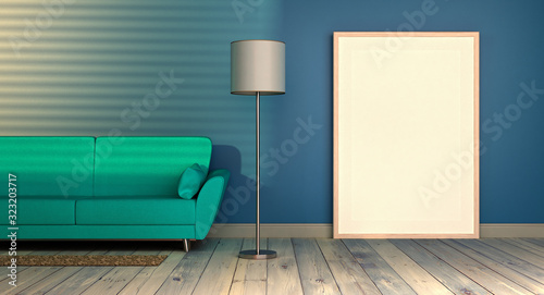 szablon pusta rama mockup w nowoczesnym wnętrzu ze światłem słonecznym classic blue kolor sofa i lampa rendering 3d