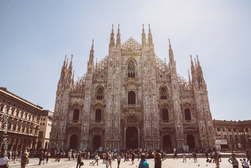 Panoramic view of exterior of Milan Cathedral (Duomo di Milano)
