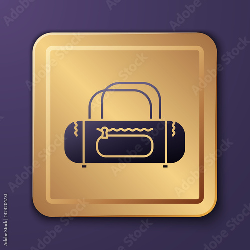 Purple Sport bag icon isolated on purple background. Gold square button. Vector Illustration