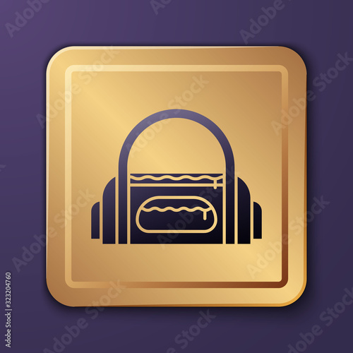 Purple Sport bag icon isolated on purple background. Gold square button. Vector Illustration