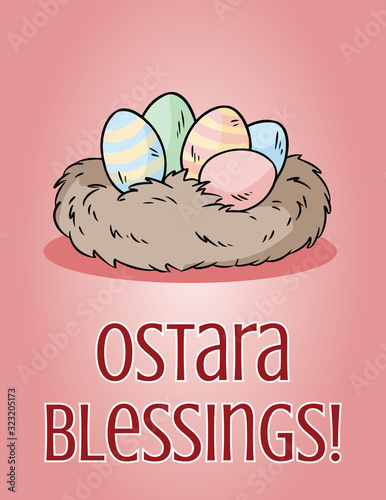 Ostara Blessings pagan holiday postcard. Easter eggs in a nest vector illustration.
