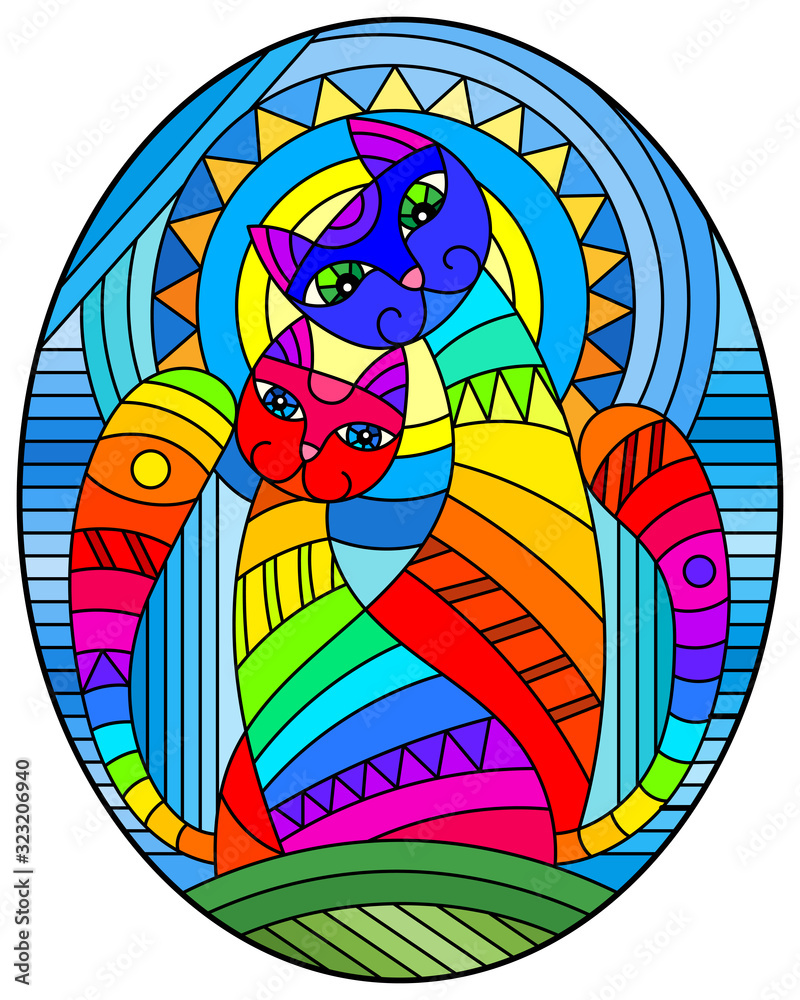 Illustration in stained glass style with a pair of abstract geometric rainbow cats on a blue background with sun, oval image