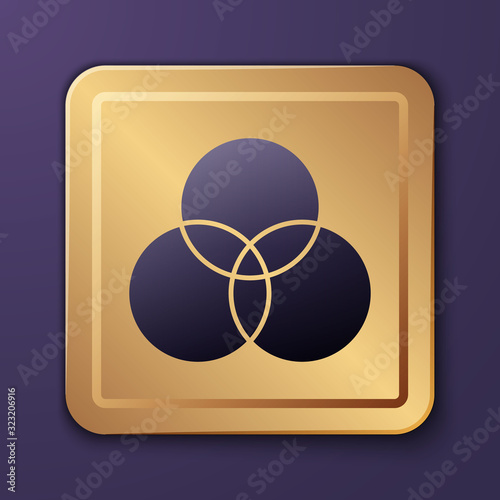 Purple RGB and CMYK color mixing icon isolated on purple background. Gold square button. Vector Illustration