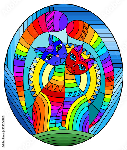 Illustration in stained glass style with a pair of abstract geometric rainbow cats on a blue background with sun, oval image