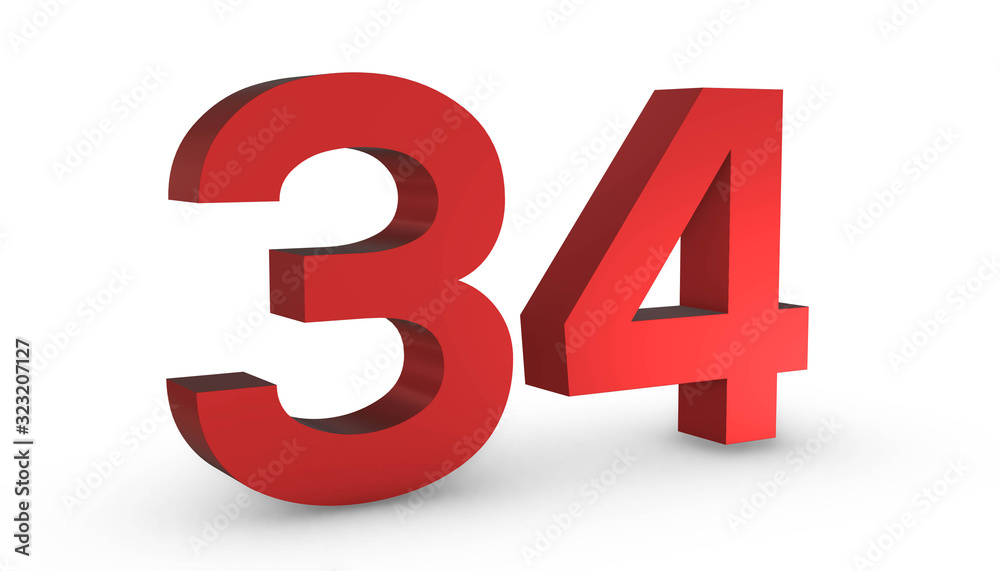 Number 34 Thirty Four Red Sign 3D Rendering Isolated on White Background Number 34 Thirty Four Red Sign 3D Rendering Isolated on White Background