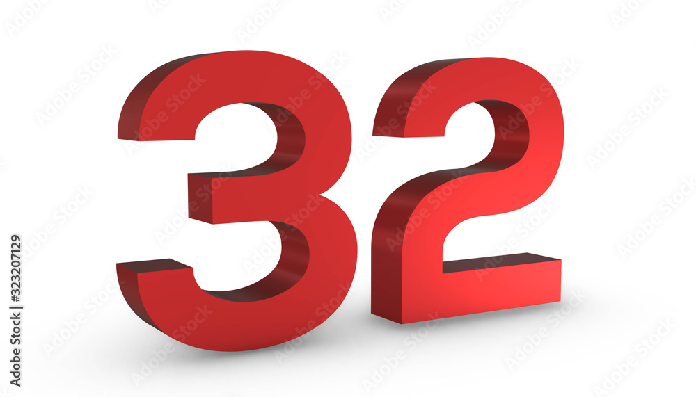 Number 32 Thirty Two Red Sign 3D Rendering Isolated on White Background Number 32 Thirty Two Red Sign 3D Rendering Isolated on White Background