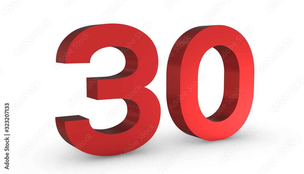 Number 30 Thirty Red Sign 3D Rendering Isolated on White Background