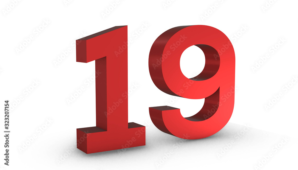 Number 19 Nineteen Red Sign 3D Rendering Isolated on White Background Number 19 Nineteen Red Sign 3D Rendering Isolated on White Background
