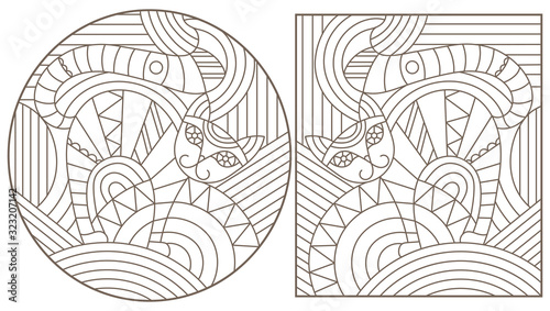 Set of outline illustrations in the style of stained glass with abstract cats , dark outlines on white background