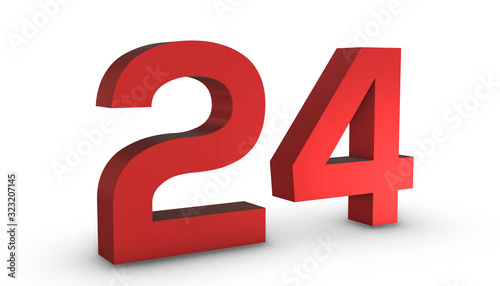 Number 24 Twenty Four Red Sign 3D Rendering Isolated on White Background