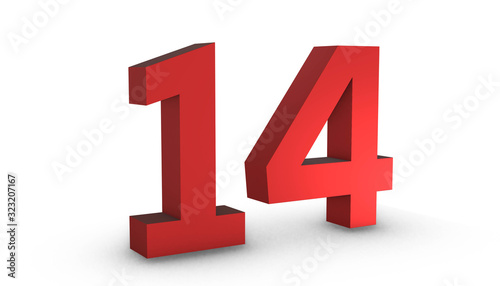 Number 14 Fourteen Red Sign 3D Rendering Isolated on White Background photo