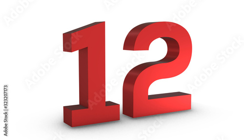 Number 12 Twelve One Red Sign 3D Rendering Isolated on White Background One Red Sign 3D Rendering Isolated on White Background