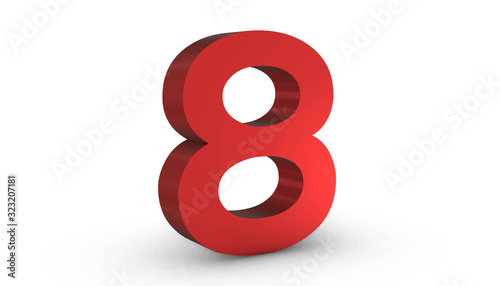 Number 8 Eight Red Sign 3D Rendering Isolated on White Background