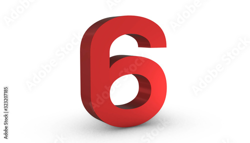 Number 6 Six Red Sign 3D Rendering Isolated on White Background