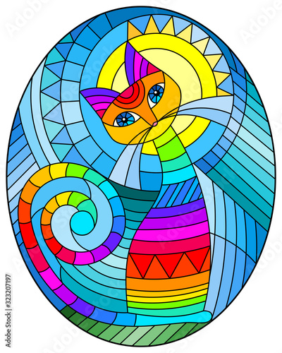 Illustration in stained glass style with abstract geometric cat and the sun on an abstract blue background, oval image