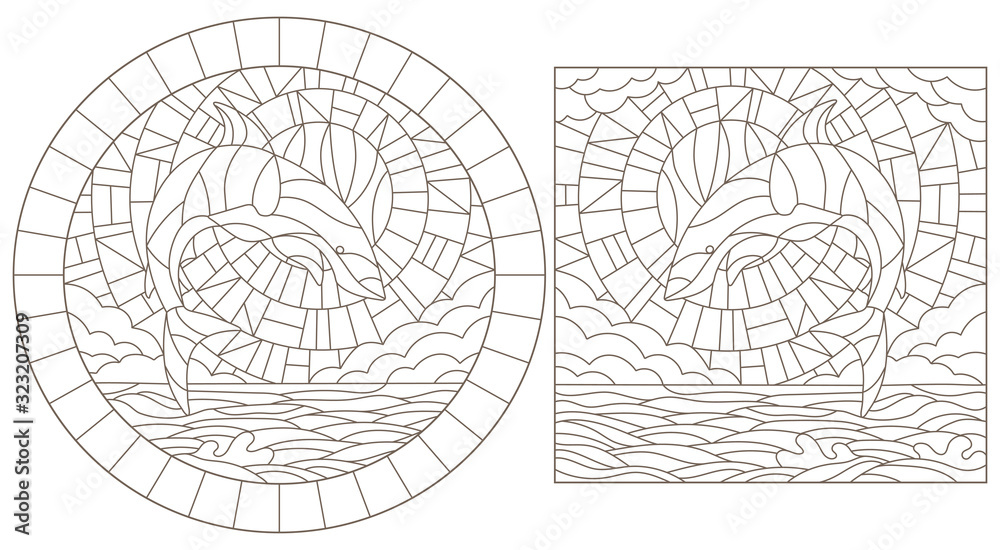 Set contour illustrations of stained glass with sharks on the sea background ,cloud, sky and sun