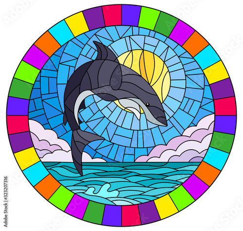 Illustration in stained glass style with a shark on the background of water ,cloud, sky and sun