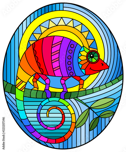 Illustration in stained glass style with abstract geometric rainbow chameleon, oval image