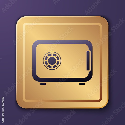 Purple Safe icon isolated on purple background. The door safe a bank vault with a combination lock. Reliable Data Protection. Gold square button. Vector Illustration